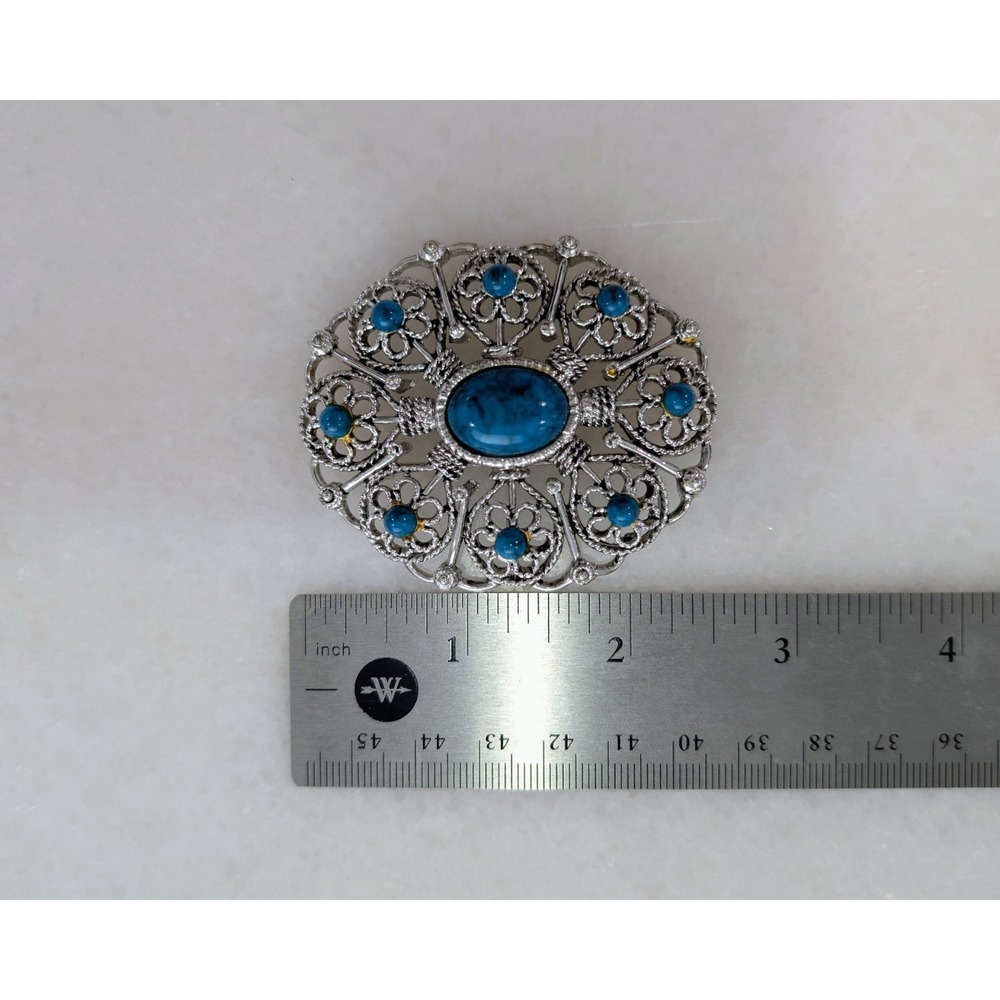 Vintage 1970s Silver Faux Turquoise Brooch Pin Western Southwest Style LT87 - Picture 4 of 5